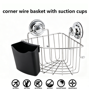 Cesta Esquinera de Alambre <span class=keywords><strong>con</strong></span> Ventosas, Estante de Almacenamiento para Cocina y Baño, Marco Metálico Cromado Reforzado, Desmontable, Montaje en Pared - Product Image 5