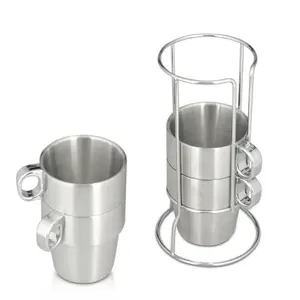 Set of 4 Customized Coffee Brew Mugs Stainless Steel Stackable Espresso Cup with Metal Rack