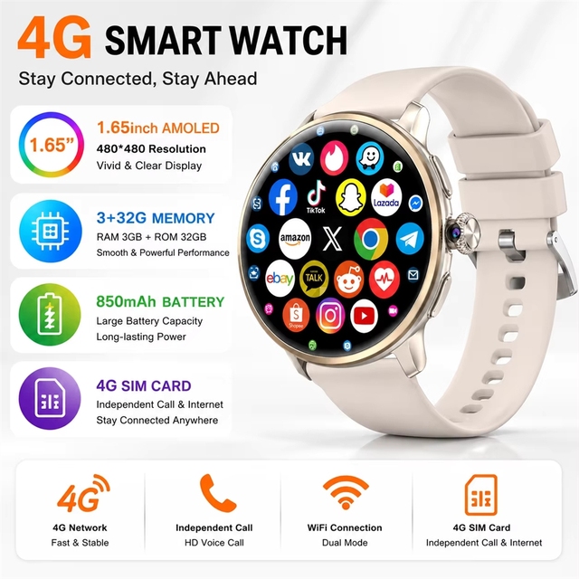 2026 H88 Android 4G SIM Card Round Smartwatch 3+32GB Memory Rotating Camera Heart Rate Sleep Tracker Relojes Smart Watch Men