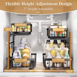 Organizadores para Debajo del Fregadero del Baño, Organizador Metálico Extraíble para Gabinete, Estante de Almacenamiento Deslizante Ajustable con 2 Niveles - Product Image 2