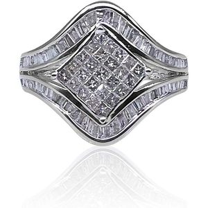 Bague en diamant taille princesse, sertie de baguettes en chevron, pour femme, or blanc 14 carats - Product Image 1
