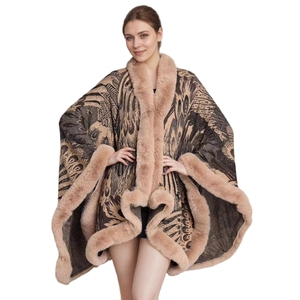 Women Fashion Jacquard Faux Fur <b>Shawl</b> Plush Trim Sleeveless <b>Wrap</b> Open Front Cloak for Everyday Wear Dinner Party - Product Image 1