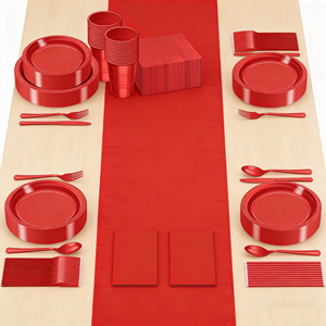 Ensemble de vaisselle jetable en plastique PS avec bordure or rose, assiettes, gobelets et serviettes estampées à chaud pour mariage et déjeuner, rouge - Vente en gros - Product Image 1