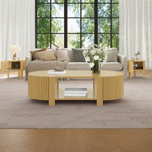 Modern Decorative Oval Fluted Coffee Table with Storage for Living Room <b>Solid</b> <b>Wood</b> 1 Shelf & 2 Open Storage Doors - Product Image 6