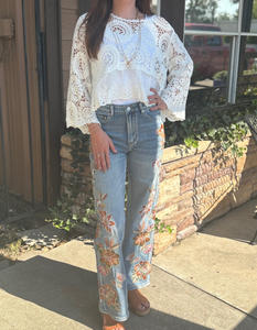 Boutique Retro 100% Cotton Floral Embroidered Skinny Flared Denim Pants Causal Light Wash High Rise Embroidered <b>Jeans</b> for <b>Women</b> - Product Image 2