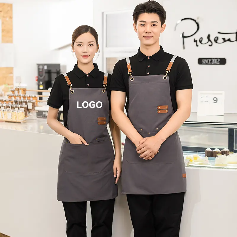 Impermeabile Logo personalizzato donna uomo cameriere cafè bellezza parrucchiere uniforme griglia da lavoro cucina cotone grembiule in tela con tasca