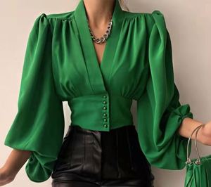 Blus kantor wanita, baju blus wanita ukuran Plus, elegan, ramping, lengan lentera, leher V berkancing, blus kantor, baru - Product Image 1