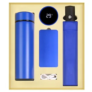 Deluxe Business Gift Set for Anniversary Custom Logo LED Display Water Bottle Power Bank Automatic Umbrella Stock