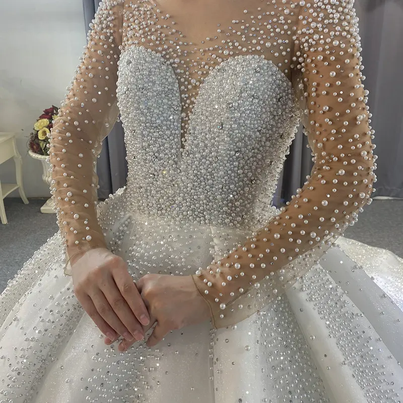 Vente chaude nouvelle mode élégante perle à manches longues dentelle sequin blanc robe de mariée