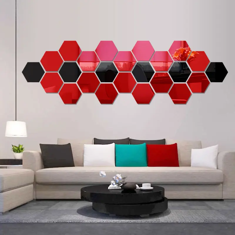 12 PCS Hexagon Mirror Tile Wall Sticker 3D Acrylic Mirror Wall Sticker Decor Stick On Modern Decal for Home Living Room Bedroom