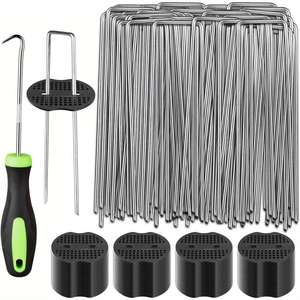 80 U-Shaped 6-Inch Landscape <b>Ground</b> <b>Stakes</b> with 80 Fixing Washers and 1 Hook <b>Stake</b> Fastening Fencing Products - Product Image 1