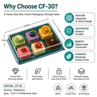 Boîte d'emballage alimentaire carrée en plastique PET transparent de qualité alimentaire jetable à 6 compartiments pour pâtisserie, gâteau, dessert, en-cas