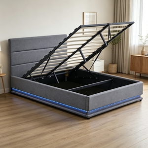 Base de <span class=keywords><strong>lit</strong></span> avec éclairage LED et rangement, gain de place, tête de <span class=keywords><strong>lit</strong></span> triple couche rembourrée en <span class=keywords><strong>lin</strong></span>, pour distributeurs de meubles, commande en gros - Product Image 1