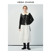 VEGA CHANG Printemps Fille Doux et Cool Manteau Noir Court Couleur Contrastée Patchwork Col de Poupée Veste en Cuir