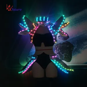 LED Futuristik Warrior Dress LED Kostum Gadis Gaun LED Kostum Seksi Glowy Mengangkat Bahu Seksi Keren Laser Gaun