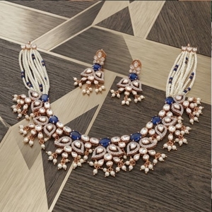 Rose Gold Sapphire 925 <b>Silver</b> <b>Choker</b> Necklace Set with Freshwater Pearls and Diamond Accents for Women Wedding Jewelry - Product Image 4