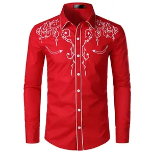 Camisa vaquera de manga larga bordada con flores de poliéster y algodón estilo occidental para hombre