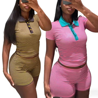 Ensemble deux pièces pour femme : Polo rayé et short d'été, respirant, décontracté, en coton et élasthanne, avec logo, couleurs contrastées