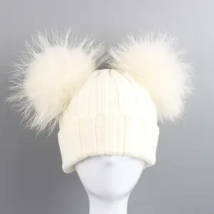 Sombrero con pompón doble de piel auténtica para niños, gorros con pompón de piel auténtica para bebé, sombrero de ganchillo para invierno