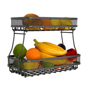 2 Tingkat Pemegang Dilipat Logam Hitam Besi Kawat Sayuran Stackable Roti Keranjang Dapur Buah Rak Penyimpanan Tampilan Berdiri - Product Image 3