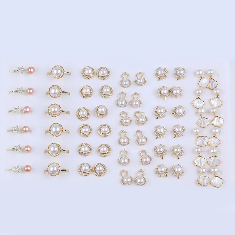 Fashion Gold Plated White Pink Fashion Pearl Earrings Rings Sets Suit For Sale