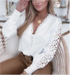 Spring Autumn Long Sleeve V-neck Lace Stitching Shirts Office Lady Elegant Solid Color Temperament Blouse Casual Shirt