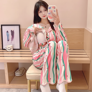 2 Pieces Set Autumn Women Casual Comfortable Long Sleeve Elastic Waist Home Nightgown With Bra Pads - Product Image 1