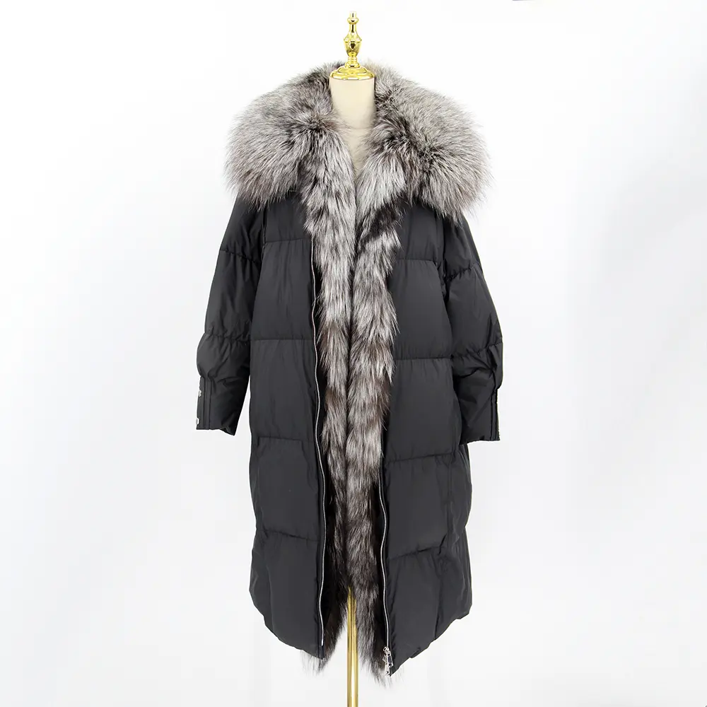 QIUCHEN QC22086 Fluffy Winter long Maxi Puffy Down Padded Coats Women With Real Silver Fox Fur Goose Jacket