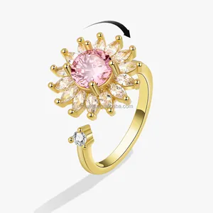 RFJEWEL Fashion Hot White Gold Plated Flower Anxiety Ring and Gold Plated Ring for Women to Relief Pressure Spinner Ring