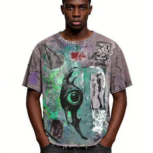 เสื้อยืดทรงบ็อกซี่โอเวอร์ไซส์ ผ้าฝ้าย 100% 300 GSM พิมพ์ลาย DTG ล้างสีแบบแอซิดวอช ดีไซน์แบบแพทช์เวิร์ค ขาดๆ แบบดิสเทรส - Product Image 2