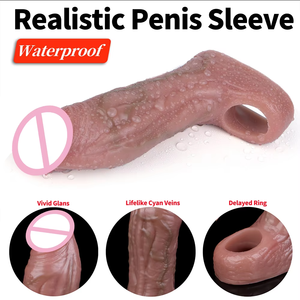 Retard d'éjaculation manchon de pénis creux dispositif d'agrandissement de circonférence de bite préservatif extensible jouets sexuels en Silicone pour hommes adultes plaisir % - Product Image 3