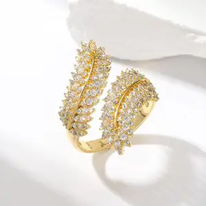 Jashon penjualan laris perhiasan modis cincin terbuka zircon tembaga Berlian gandum daun cabang zaitun untuk wanita grosir