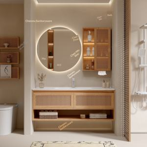 Meuble de salle de bain mural anti-buée en chêne rouge tressé en rotin style Wabi-sabi avec lavabo en céramique intégré et toilettes combinées - Product Image 3