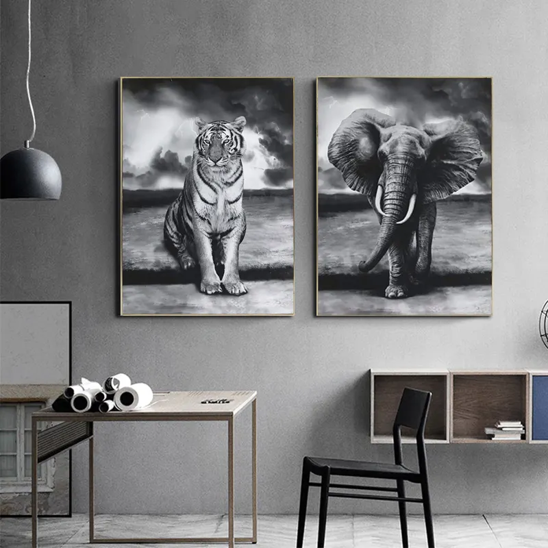 Pintura de animais moderna, arte na parede, pintura preto e branco, tela de tigre, impressão de elefante africano, pintura decorativa para casa