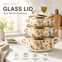 Marmite en émail floral en gros avec couvercle en verre, non toxique, qualité alimentaire, pour soupes, ragoûts et casseroles – Ensemble d'ustensiles de cuisson