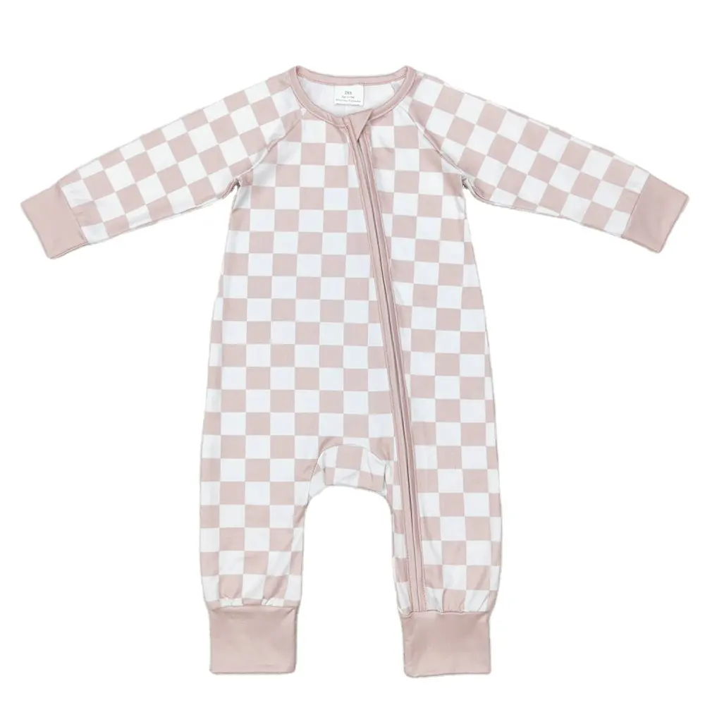 RTS Wholesale Baby Kids Boys Long Sleeve Round Neck Checkered Khaki Color Infant Zip Children Boutique Sleepers Rompers