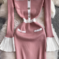 Robe midi élégante pour femme, tricotée, à manches longues, patchwork, moulante, avec poignets évasés, pour un usage quotidien, robes décontractées