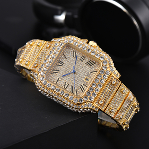 Reloj de Cuarzo de Lujo para Hombre, con Incrustaciones de Cristal, Tono Dorado, Esfera Cuadrada con Números Romanos, Calendario - Product Image 1