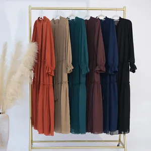 Wholesale 2024 New Model Solid Color Layered Chiffon Women's Dresses With Lining Abaya Women Muslim Dress Matching Hijab