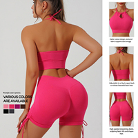 Vente en gros de shorts et hauts de sport personnalisés pour femmes, couleur unie, col halter, taille élastique, antibactériens, pour la course à pied, le Pilates, le cyclisme, le yoga