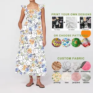 Oem Custom Lente Zomer Kleding Dames Gebloemde Jurk Smocking Verzamelen Luxe Linnen Katoenen Ruche Bloemenprint Maxi Jurk 2024