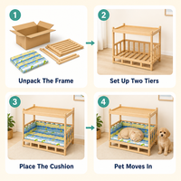 Lit pour animaux à deux niveaux en bois de pin naturel avec coussin rayé, plateau de rangement supérieur et cadre surélevé – Mobilier portable d'été pour animaux