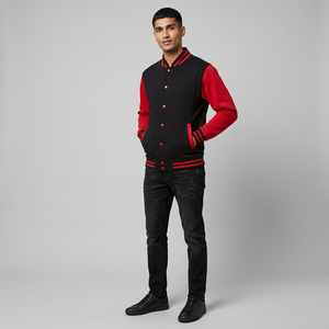 Custom Black & Yellow Men's Varsity <b>Jacket</b> with Stand Collar and Front Logo 100% Cotton OEM Service - Product Image 1