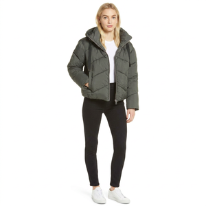 Blouson matelassé à capuche pour femme, manteau d'hiver court, coupe ajustée, fermeture éclair, couleur unie, coupe-vent, vêtement d'extérieur décontracté, noir, vert - Product Image 1