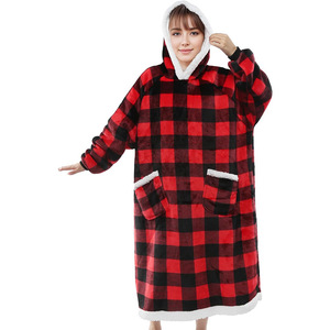 Felpa con Cappuccio Personalizzabile Taglie Forti, in Pile Caldo e Pesante, a Quadri, con Maniche Utilizzabili come Coperta TV - Product Image 6