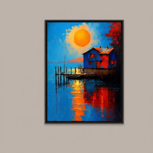 Peinture acrylique abstraite moderne faite à la main sur toile texturée, paysage tropical, coucher de soleil et bateau, encadrée sur toile tendue - Product Image 1