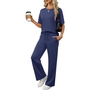 Conjuntos de Salón para Mujer de 2 Piezas, Trajes Deportivos de Manga Corta, Conjuntos a Juego, Pantalones de Pierna Ancha, Transpirables e Informales para Verano - Product Image 1
