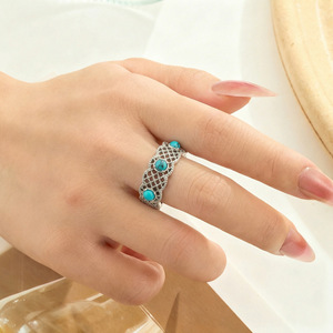 Wide Openwork Mesh Turquoise Ring Brass Alloy Retro Ethnic Style Adjustable Exquisite Jewelry - Product Image 2