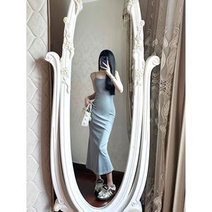 Gray Spaghetti Strap Bodycon Dress Tight Waist Long Solid Color Casual Party Dress For Women - Product Image 3