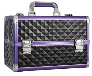 化妆盒收纳盒风格箱盖手提箱，带指甲油储物槽和戒指珠宝隔间-黑色和紫色